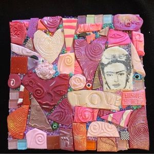 Handmade Mosaic Art “Love Symbols “Polymer Clay Original On Wood 6”x6”